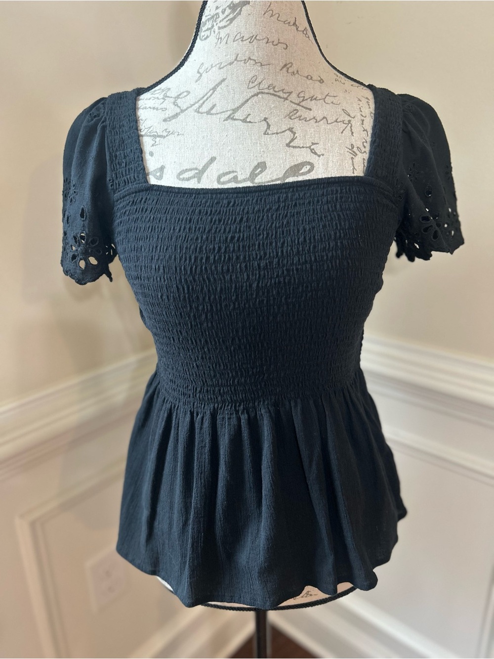 Madewell Black Smocked Square-Neck Peplum Blouse